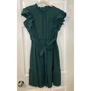 EUC SHEIN Curve Emerald Green Ruffle Belted Dress Short Sleeve 0XL